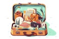 Opened travel suitcase full of things for summer vacation. Vector illustration isolated on white background Royalty Free Stock Photo