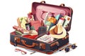 Opened travel suitcase full of things for summer vacation. Vector illustration isolated on white background Royalty Free Stock Photo