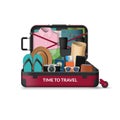 Opened travel suitcase. Summer vacation concept. Vector illustration isolated on white background