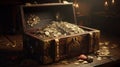 Opened treasure chest full of gold coins. Generative Ai