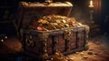 Opened treasure chest full of gold coins. Generative Ai