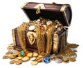 Opened treasure chest with overflowing gems, gold coins and jewelry, isolated Royalty Free Stock Photo