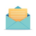 Opened turquoise Envelope with Yellow Message Document Flat Vector Royalty Free Stock Photo