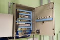 Opened ventilation system control box on the wall of the industrial ventilation room Royalty Free Stock Photo