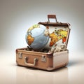 Opened vintage suitcase and earth globe inside isolated, around the world travel concept. Created with generative AI