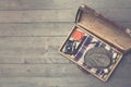 opened vintage suitcases with clothes and accessories Royalty Free Stock Photo