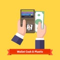 Opened wallet in hands flat icon