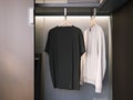 Opened wardrobe with empty T-shirts. 3d rendering