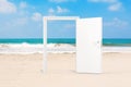 Opened White Door on the Ocean or Sea Sand Beach. 3d Rendering Royalty Free Stock Photo