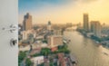 Opened white door to bangkok city skyline along chaophraya river