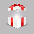 Opened white gift box empty angle front view 3D with red bow and lights isolated in gray background easy to replace for Royalty Free Stock Photo