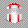 Opened white gift box empty angle front view 3D with red bow and lights isolated in transparent background easy to Royalty Free Stock Photo