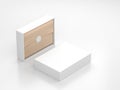 Opened White Gift Box Mockup with kraft wrapping paper and round label Royalty Free Stock Photo