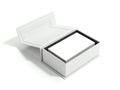 Opened white package with stack of business cards. 3d rendering Royalty Free Stock Photo