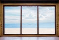 Opened window seeing tropical beach view in summer holiday at weekend house and resort Royalty Free Stock Photo