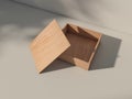 Opened Wooden box Mockup on white table with shadows