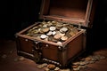 Opened wooden chest full of money coins treasure. Generative AI