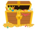 Opened wooden chest with treasures