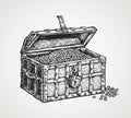 Opened wooden chest with treasures. Vintage sketch vector illustration Royalty Free Stock Photo