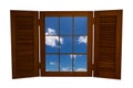 Opened Wooden Window to View of Blue Sky Isolated on White Background Royalty Free Stock Photo