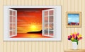 Opened wooden window and view on palm tree sunset in the beach Royalty Free Stock Photo