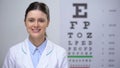 Openhearted lady oculist looking to camera, eyechart on background, profession