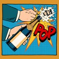 Opening champagne bottle pop art retro style