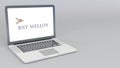 Opening and closing laptop with The Bank Of New York Mellon logo. 4K editorial animation