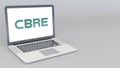 Opening and closing laptop with CBRE Group logo. 4K editorial 3D rendering