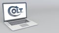 Opening and closing laptop with Colts Manufacturing Company logo. 4K editorial 3D rendering