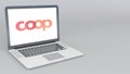 Opening and closing laptop with Coop Cooperative logo. 4K editorial 3D rendering