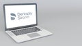 Opening and closing laptop with Dentsply Sirona logo. 4K editorial 3D rendering