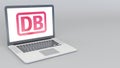 Opening and closing laptop with Deutsche Bahn AG logo. 4K editorial 3D rendering