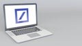 Opening and closing laptop with Deutsche Bank AG logo. 4K editorial 3D rendering