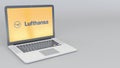 Opening and closing laptop with Deutsche Lufthansa AG logo. 4K editorial 3D rendering