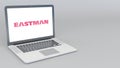 Opening and closing laptop with Eastman Chemical Company logo. 4K editorial 3D rendering