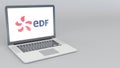 Opening and closing laptop with Electricite de France EDF logo. 4K editorial animation