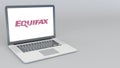 Opening and closing laptop with Equifax logo. 4K editorial animation