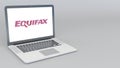 Opening and closing laptop with Equifax logo. 4K editorial 3D rendering