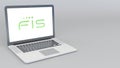 Opening and closing laptop with Fis logo. 4K editorial 3D rendering Royalty Free Stock Photo