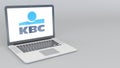 Opening and closing laptop with KBC Bank logo. 4K editorial 3D rendering