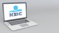 Opening and closing laptop with KBC Bank logo. 4K editorial 3D rendering Royalty Free Stock Photo