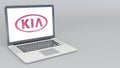 Opening and closing laptop with Kia Motors logo. 4K editorial 3D rendering