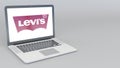 Opening and closing laptop with Levi Strauss Co logo. 4K editorial 3D rendering