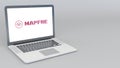 Opening and closing laptop with Mapfre logo. 4K editorial 3D rendering