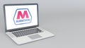 Opening and closing laptop with Marathon Petroleum logo. 4K editorial 3D rendering