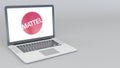 Opening and closing laptop with Mattel logo. 4K editorial 3D rendering Royalty Free Stock Photo