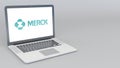 Opening and closing laptop with Merck Co logo. 4K editorial 3D rendering