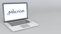 Opening and closing laptop with Micron Technology logo. 4K editorial 3D rendering