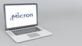 Opening and closing laptop with Micron Technology logo. 4K editorial animation